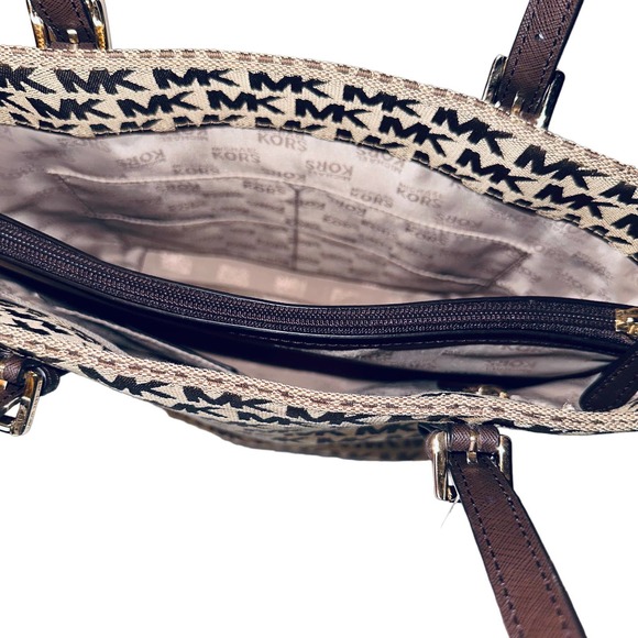 Michael Kors - Jet Set MK Signature Beige Jacquard Tote Bag - Picture 9 of 11